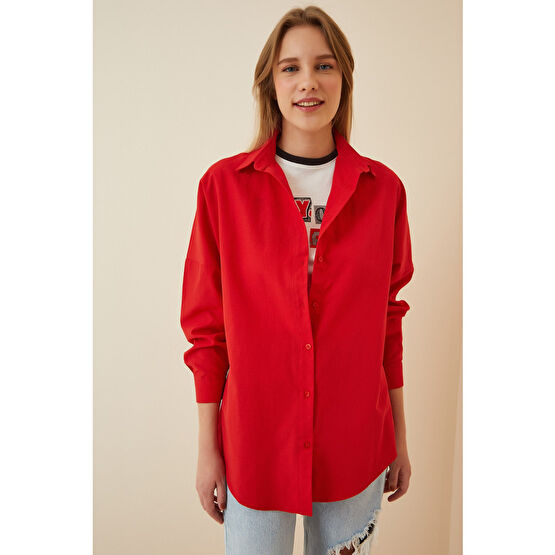 Happiness İstanbul Kadın Kırmızı Oversize Uzun Basic Gömlek 40 Beden