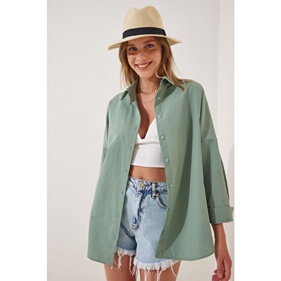 Happiness İstanbul Kadın Koyu Çağla Yeşili Oversize Uzun Basic Gömlek 40 Beden