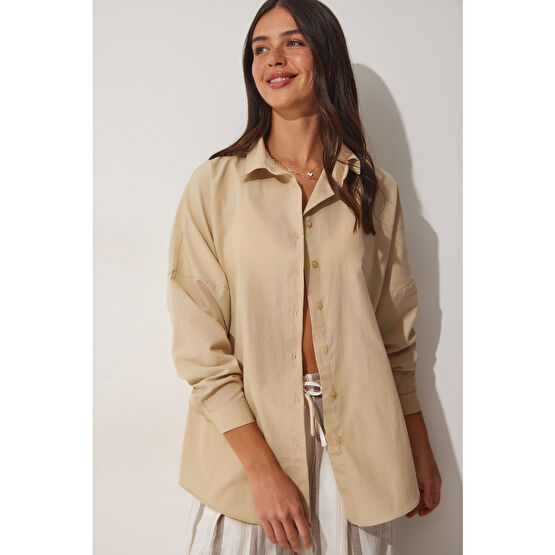 Happiness İstanbul Kadın Koyu Krem Oversize Uzun Basic Gömlek 36 Beden