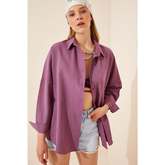 Happiness İstanbul Kadın Koyu Lila Oversize Uzun Basic Gömlek 38 Beden Kadın Gömlek Fiyatı