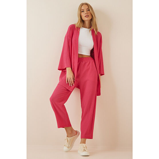 Happiness İstanbul Kadın Koyu Pembe Kimono Pantolon Örme Takımı 40 Beden