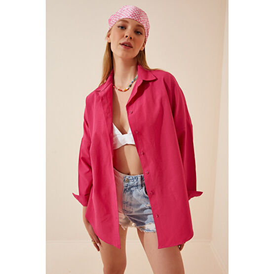 Happiness İstanbul Kadın Koyu Pembe Oversize Uzun Basic Gömlek 42 Beden Kadın Gömlek Fiyatı