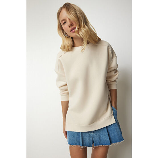 Happiness İstanbul Kadın Krem Fermuar Detaylı Şardonlu Örme Sweatshirt 40 Beden
