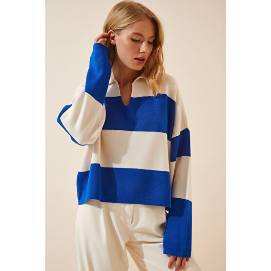Happiness İstanbul Kadın Mavi Kemik Polo Yaka Oversize Crop Triko Kazak