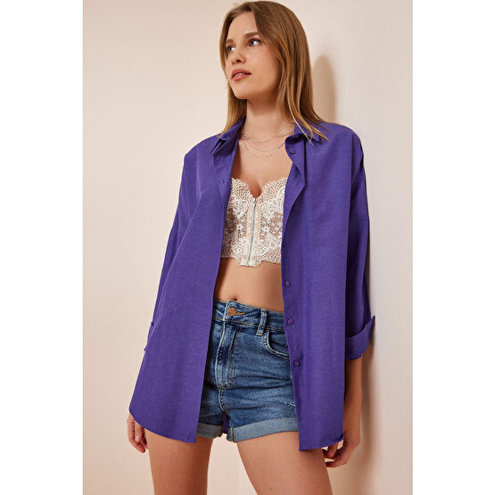 Happiness İstanbul Kadın Mor Oversize Uzun Basic Gömlek 38 Beden