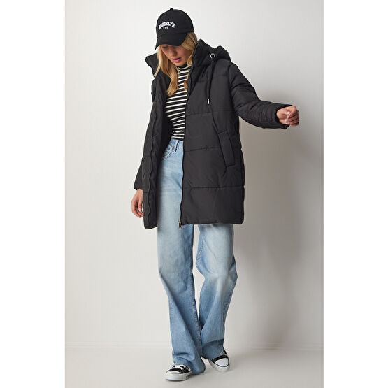 Happiness İstanbul Kadın Siyah Kapüşonlu Oversize Şişme Mont L/XL Beden