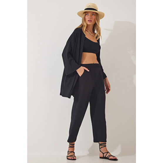 Happiness İstanbul Kadın Siyah Kimono Pantolon Örme Takımı 40 Beden
