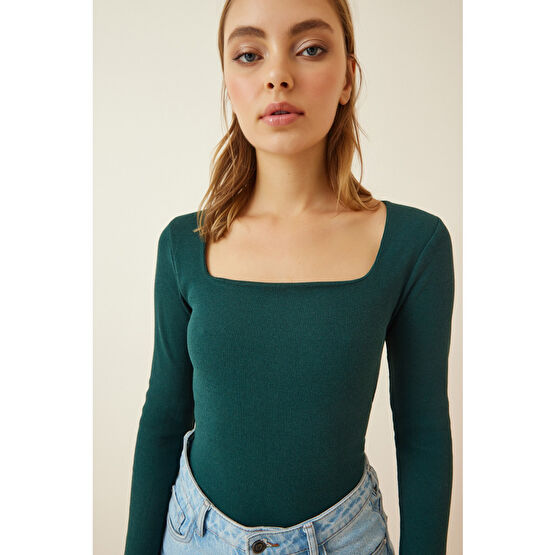Happiness İstanbul Kadın Yeşil Kare Yaka Fitilli Örme Bluz M/L Beden Bluz Fiyatı