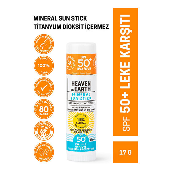 Heaven on Earth Suya Dayanıklı %100 Doğal- Organik Içerikli Mineral Güneş Koruyucu Stick Spf50 / Pa 17gr