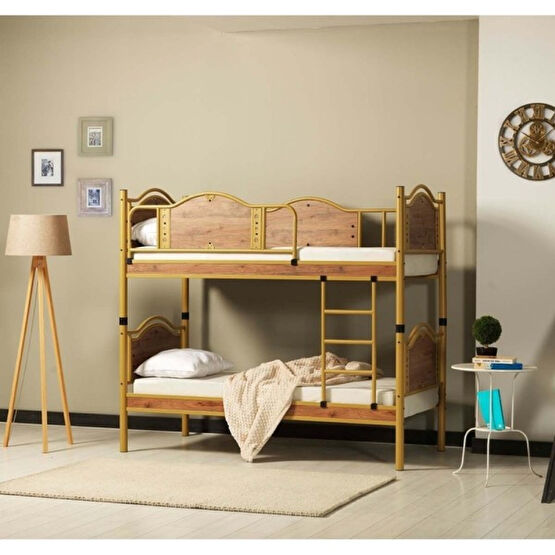 Hier Avangard Genç Çocuk Odası Ahşap Başlıklı Metal Ranza ve Karyola 90X200 - Ceviz - 90 x 200 cm Ranza Fiyatı