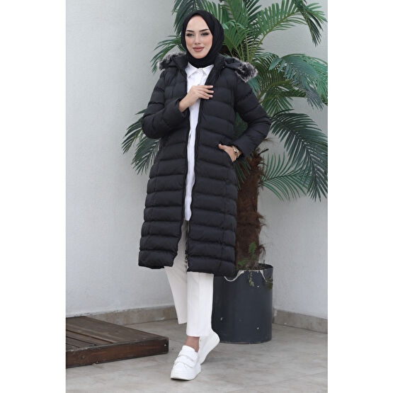 İmajButik Siyah Kadın Modest Kapüşonlu Fermuarlı Tesettür Şişme Mont 40 Beden