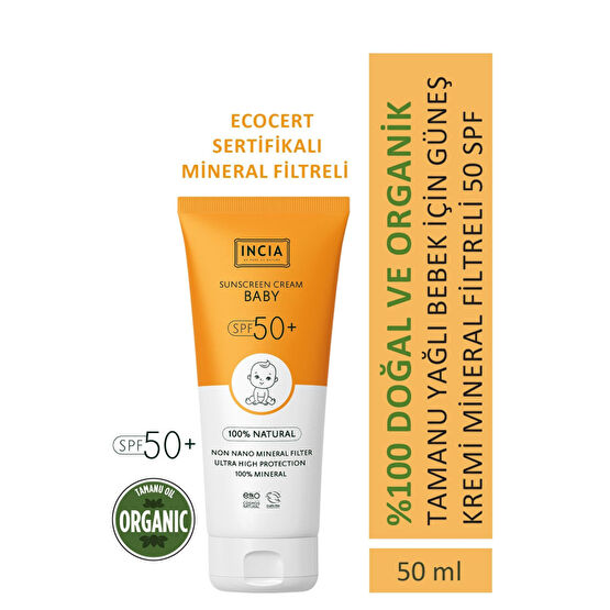 Incia %100 Doğal Bebek Güneş Kremi Leke Karşıtı Mineral Filtreli Yüksek Koruma SPF50 UVA UVB 50 ml Bebek Güneş Kremi Fiyatı