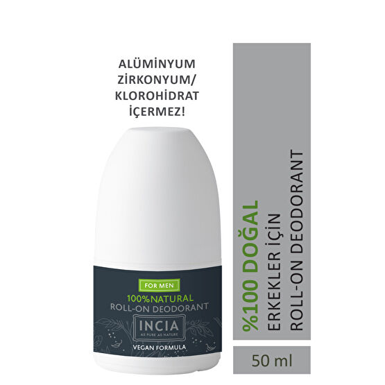 Incia %100 Doğal Roll On Deodorant Erkeler İçin Ter Kokusu Önleyici Lekesiz 50 ml