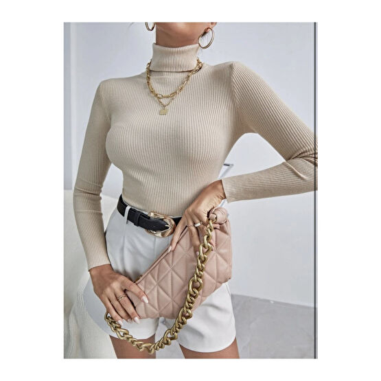 JAKARLI Unisex Bej Vizon Pamuklu Balıkçı Yaka Şardonlu Slimfit Boğazlı Kazak S Beden Bayan Kazak & Süveter & Triko Fiyatı