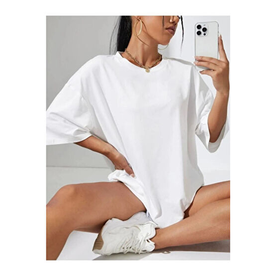 JAKARLI Unisex Beyaz Bisiklet Yaka Pamuk Oversize Boyfriend T-shirt Large Beden Bayan T-shirt Fiyatı