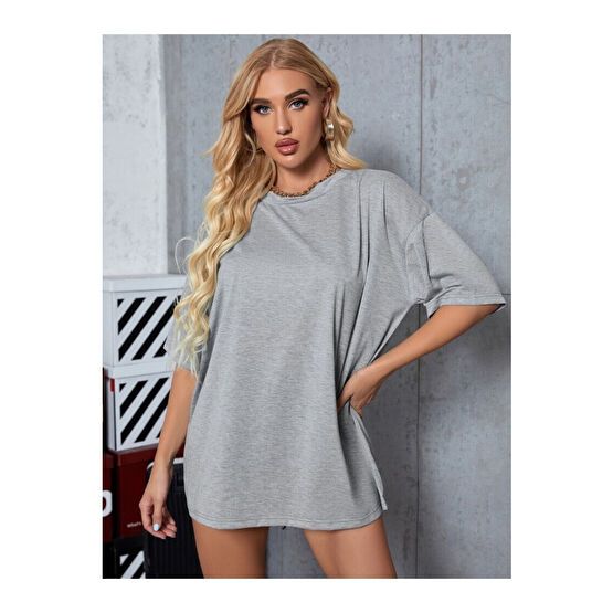 JAKARLI Unisex Gri Bisiklet Yaka Pamuk Oversize Boyfriend T-shirt 3XL Beden Bayan T-shirt Fiyatı