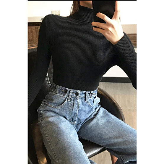 JAKARLI Unisex Kara Siyah Pamuklu Balıkçı Yaka Kaşkorse Şardonlu Slimfit Boğazlı Kazak XS Beden Bayan Kazak & Süveter & Triko Fiyatı
