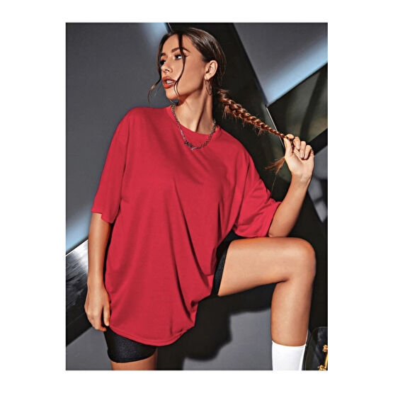 JAKARLI Unisex Kırmızı Bisiklet Yaka Pamuk Oversize Boyfriend T-shirt Large Beden Bayan T-shirt Fiyatı