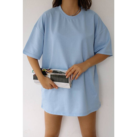 JAKARLI Unisex Pamuk Bebe Mavi Bisiklet Yaka Oversize Boyfriend T-shirt XL Beden Bayan T-shirt Fiyatı