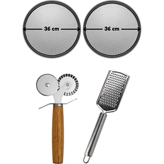 Kitchen Design Lab Büyük Boy Delikli Pizza Tepsisi 36 cm x 2 Adet Çift Başlı Pizza Ruleti ve Çelik Peynir Rendesi - Metalik Servis Tepsisi Fiyatı