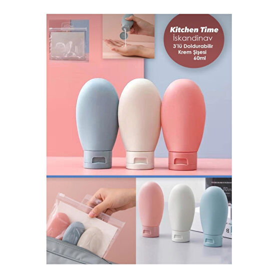 Kitchen Time Iskandinav Tarz 3 Lü Doldurulabilir Çantalı Seyahat Tipi Şişe Seti | Boş Krem Şişesi 60ml Hediyelik Eşya Fiyatı
