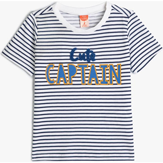 Koton Çizgili Tişört Kısa Kollu Bisiklet Yaka Aplikeli Pamuklu Bebek T-shirt Fiyatı