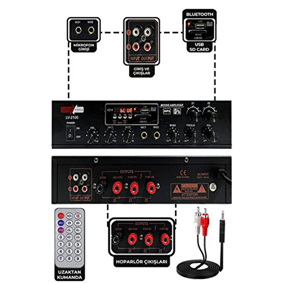 Lastvoice Lv-2100 Hat Trafolu 2 Bölgeli 2 x 100 W Usb-Bt Stereo Amfi Ev Sinema Ses Sistemi Fiyatı