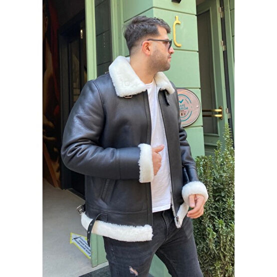 Lava Design Deri Ceket & Kürklü Ceket Erkek Pilot Model Siyah Biker Ceket Erkek Ceket Fiyatı