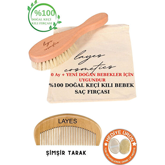 Layes %100 Keçi Kılı Doğal Bebek Saç Fırçası Ve Doğal Ahşap Şimşir Tarak 2li Set Bebek Saç Fırça-Tarak Fiyatı