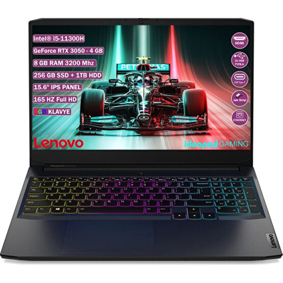 Lenovo IdeaPad Gaming 3 15IHU6 Intel Core i5 11300H 8GB 256GB SSD 1TB HDD RTX 3050 Freedos 15.6" FHD Taşınabilir Bilgisayar 82K100CWTX Dizüstü Bilgisayar Fiyatı