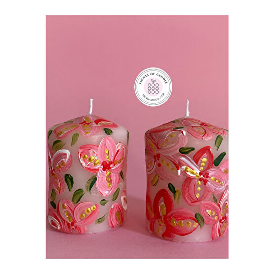 lıghts of candle handmade & 2020 Çiçek Desenli El Boyaması 2li Blok Mum Dekoratif Mum Fiyatı