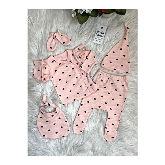 Linda Harris Heart Pattern Somon 5’li Yenidoğan Kız Bebek Hastane Çıkışı Seti 0-3 AY Beden Bebek Hastane Çıkışı Fiyatı