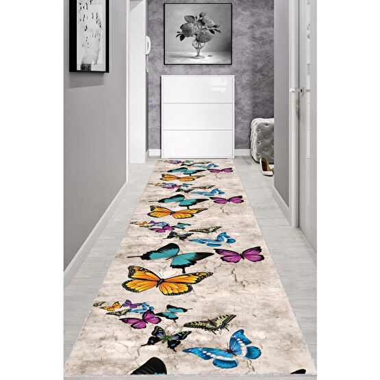 Lizia Home Kelebekli Kaymaz Tabanlı Makinede Yıkanabilir Özel Ölçü Rulo Yolluk Ar1170 60 x 100 Beden