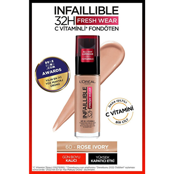 LOreal Paris Infaillible 32H Fresh Wear C Vitaminli Fondöten - 60 Rose Ivory Fondötenler Fiyatı