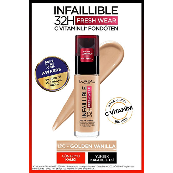 LOreal Paris LOréal Paris Infaillible 32H Fresh Wear C Vitaminli Fondöten - 120 Golden Vanilla