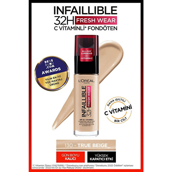 LOreal Paris LOréal Paris Infaillible 32H Fresh Wear C Vitaminli Fondöten - 130 True Beige Fondötenler Fiyatı