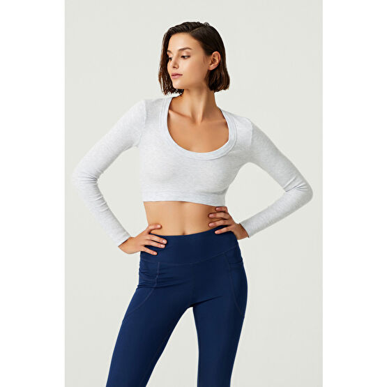 LOS OJOS x Melodi Gri Pamuklu Fitilli Uzun Kollu Crop Spor Bluz S Beden