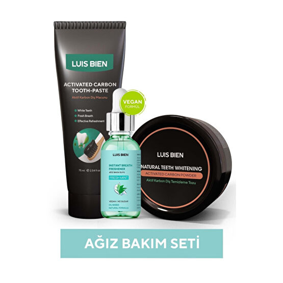 Luis Bien Ağız Bakım Seti ( Aktif Karbon Diş Tozu + Aktif Karbon Diş Macunu +Naneli Ağız Bakım Suyu) Diş Beyazlatıcılar Fiyatı
