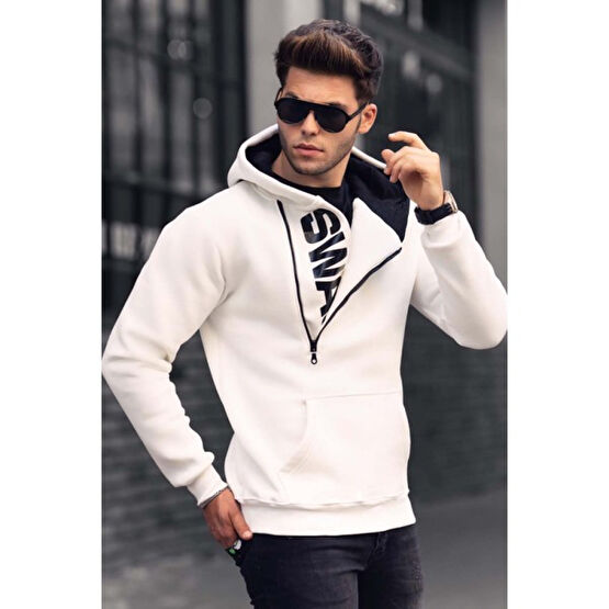 Madmext Beyaz Fermuar Detaylı Kapüşonlu Sweatshirt 1767 Erkek Sweatshirt Fiyatı