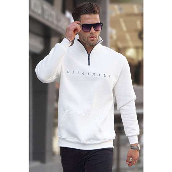 Madmext Ekru Fermuar Yaka Nakışlı Sweatshirt 6028 S Beden