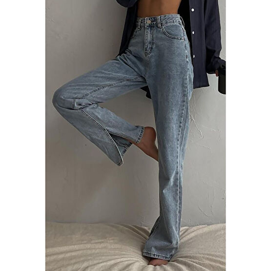 Madmext Mavi Yüksek Bel Paçası Yırtmaçlı Kadın Jean Mg1384 36 Beden