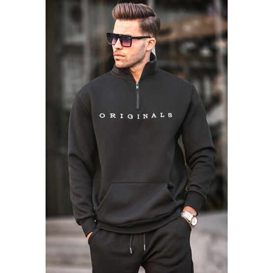Madmext Siyah Fermuar Yaka Nakışlı Sweatshirt 6028 M Beden