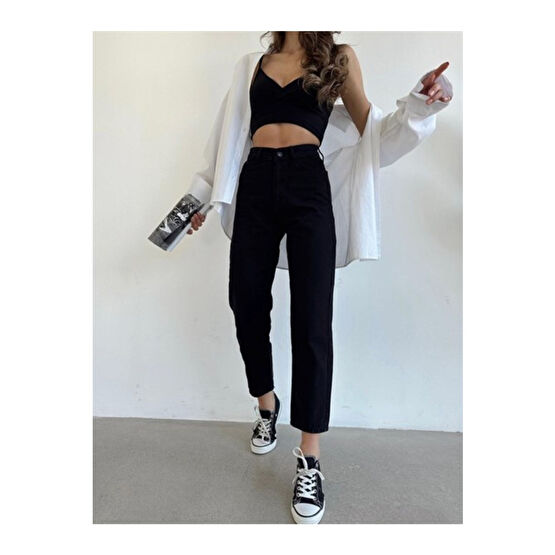 MAKRAS EXCLUSIVE Siyah Solmaz Mom Jean Kadın Boyfriend Yüksek Bel Power Likra 36 Beden