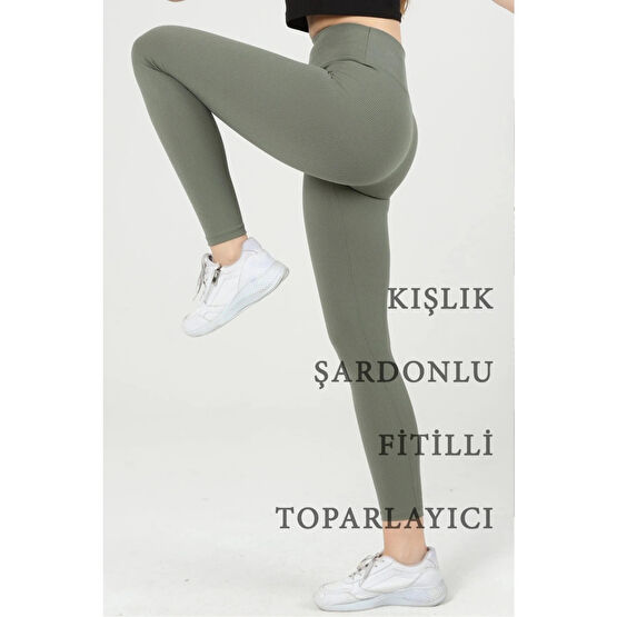 manolyabutik Fitilli Şardonlu Içi Polarlı Yüksek Bel Toparlayıcı Tayt L Beden