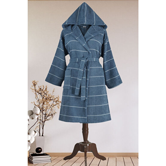 Mariva home Dark Blue Çizgili Kapşonlu Bornoz L-XL Beden Bornoz Fiyatı