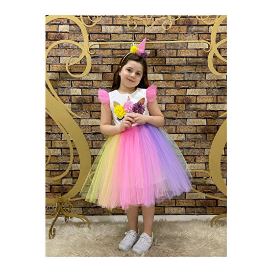 marvelous Kız Çocuk Renkli Doğum Günü Unicorn Kurdeleli Fermuarlı Elbise 4 YAŞ Beden Elbise Fiyatı
