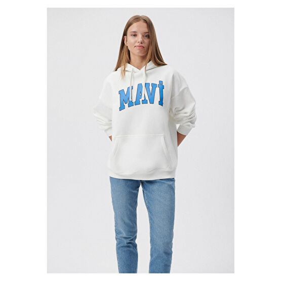 Mavi Logo Baskılı Kapüşonlu Beyaz Sweatshirt -81964 M Beden