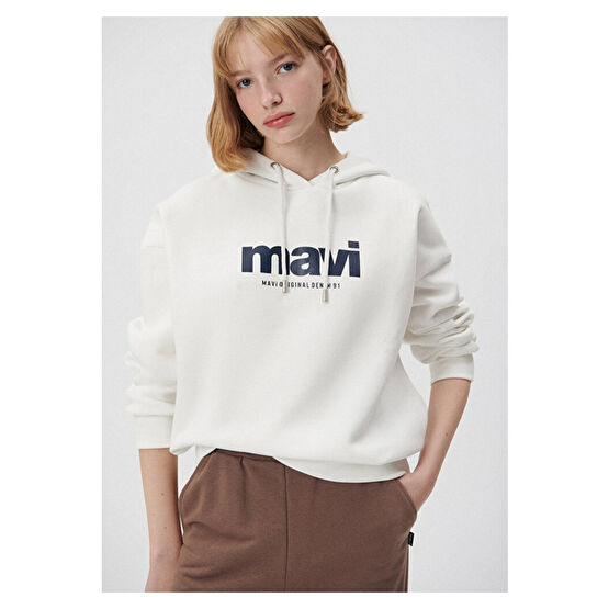 Mavi Logo Baskılı Kapüşonlu Ekru Sweatshirt -81964 S Beden