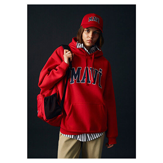 Mavi Logo Baskılı Kırmızı Kapüşonlu Sweatshirt Oversize/geniş Kesim -82054 M Beden