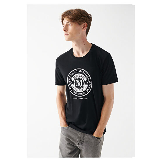 Mavi Logo Baskılı Siyah Tişört Slim Fit / Dar Kesim XL Beden